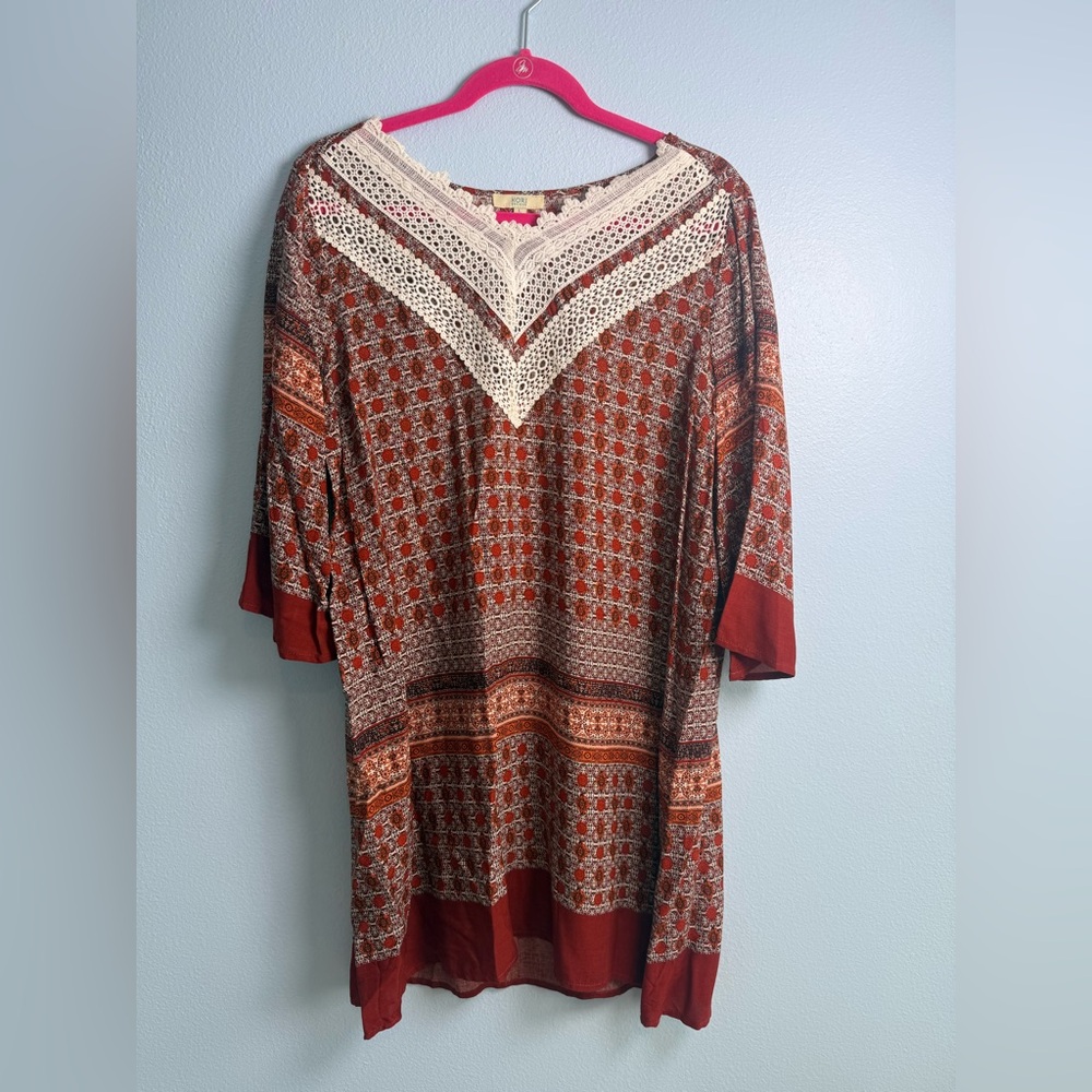 Kori Rust and Cream Crochet-Trim Printed Tunic Dress